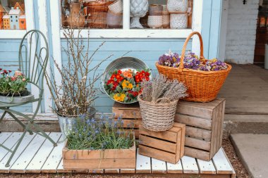 Sepetlerdeki parlak renkli çiçekler ve ahşap kutular büyüleyici bir vitrin oluşturur..