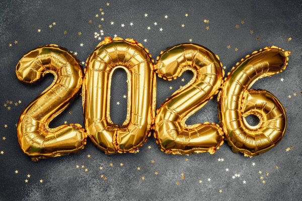 Золотые шарики в форме 2026 года с конфетти на тёмном фоне. С Новым годом!