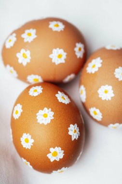 Elle boyanmış papatya çiçekli Paskalya yumurtaları. Yumuşak doğal ışıkta sanatsal bahar süslemesi
