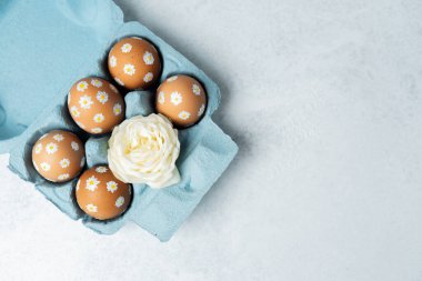 El boyaması Paskalya yumurtaları, papatya desenli beyaz güllü mavi bir karton. Işık arkaplanındaki Paskalya kompozisyonu