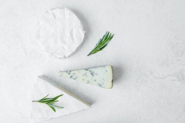 Yumuşak peynir ve mavi peynir dilimleri yakınlarda taze biberiye filizi ile düzenlenir..