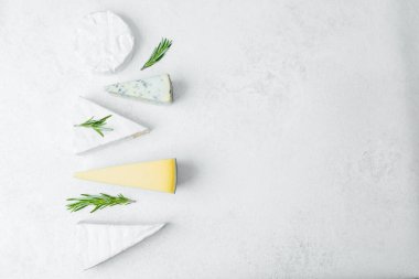 Çeşit çeşit peynirler, aroma katmak için taze otlarla düzgünce dizilmişler..