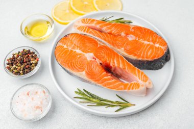 Limon, otlar ve baharatlarla birlikte taze somon filetosu pişirmeye hazır..