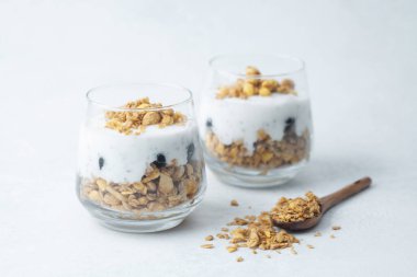 Granola ve yaban mersinli yoğurt parfe.