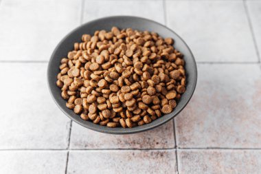 Fayanslı arka planda bir kase kuru köpek maması. 