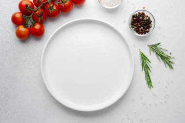 Beyaz arka planda tuz, biber, domates ve biberiye ile boş beyaz tabak