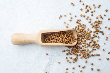 Beyaz sırtüstü kişniş tohumlu ahşap kepçe.