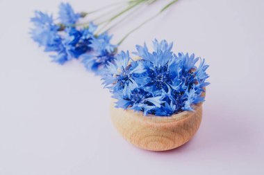 Centaurea siyanus çiçeklerini pembe arka plandaki ahşap kasede kapat.