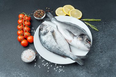 Çiğ dorado balığı, domatesli limon ve baharatlı beyaz tabak.