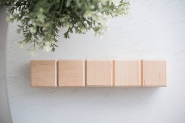 Ahşap bloklar dekoratif yeşillikle modelleniyor.