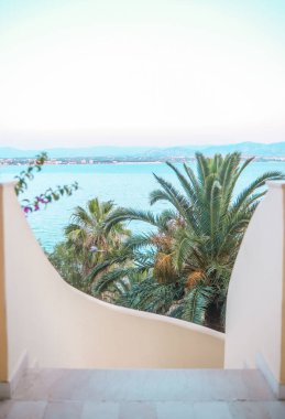 Gündoğumunda Yunanistan 'ın balkonundan tropikal palmiye ağaçlarıyla manzara