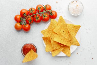 Salsa kasesinde cips ve taze domatesli çıtır cips.