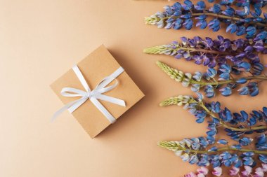 Bej arka planda lupin çiçekleri olan hediye kutusu