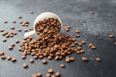 Beyaz kaseden dökülen kuru köpek maması siyah arka planda dağınık saçmalarla