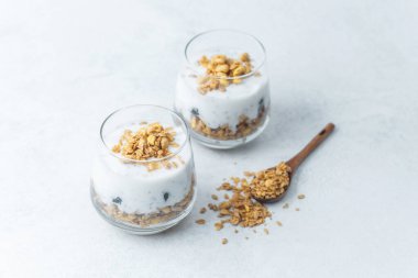 Granola ve yaban mersinli yoğurt parfe.