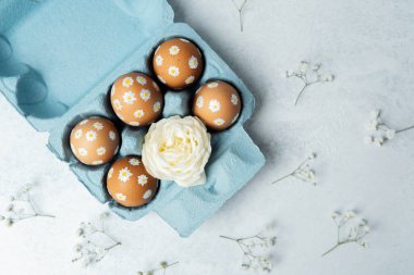 Papatya süslemeli Paskalya yumurtaları ve mavi kartonda beyaz gül. Makro Paskalya detayı arkaplanı.