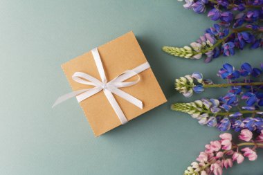 Yeşil arka planda hediye kutusu ve lupin çiçekleri