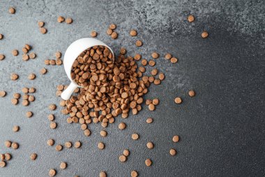 Beyaz kaseden dökülen kuru köpek maması siyah arka planda dağınık saçmalarla