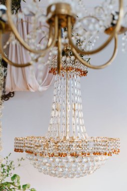 Kristal avize çiçek aksanıyla gelişmiş bir iç mekanı aydınlatır..