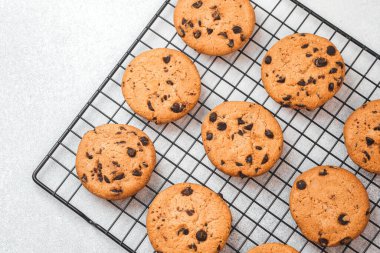 Lezzetli çikolatalı kurabiyeler fırında pişirdikten sonra rafta serinliyor..