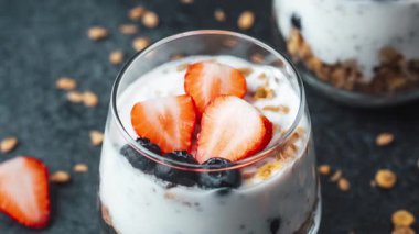 Canlı bir kahvaltılık parfüm bardağı kremalı yoğurt, gevrek taneli mısır gevreği, tatlı yabanmersini ve taze çilek dilimleriyle doldurur..