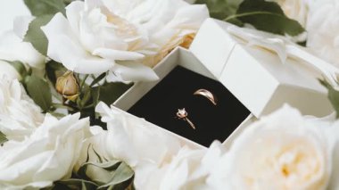 İki zarif altın yüzük beyaz bir hediye kutusunun içinde duruyor. Etrafı beyaz güllerle çevrili..