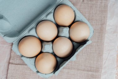 Açık mavi arka planda mavi bir karton kutuda kahverengi tavuk yumurtası.