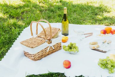 Yaz içeceği, rahatlama ve gurme kavramları için beyaz piknik battaniyesine şarap ve meyve yakın çekim