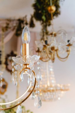 Güzel avizeler ışıl ışıl kristaller ve altın aksanlarıyla şık bir odayı aydınlatır..