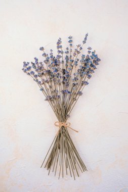 Aromaterapi, dekorasyon ya da spa konsepti için beyaz zemin üzerine iple bağlanmış kurutulmuş lavanta.