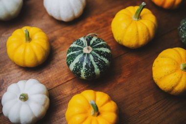 Sonbahar kabakları kırsal ahşap bir yüzeyde sergilenir sıcak, davetkar bir gösteride..