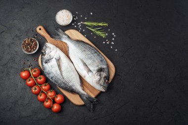 Domates baharatlı taze çiğ dorado balığı ve koyu arkaplanda tuz.