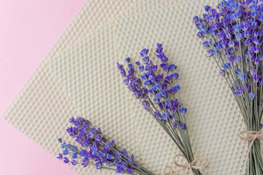Balmumu çarşaflarda pembe arka planda lavanta buketleri
