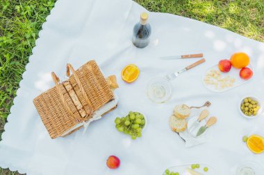 Yaz havası, tazelik ve açık hava yemek kavramları için çerez, meyve ve şarap içeren piknik battaniyesinin en üst görüntüsü.