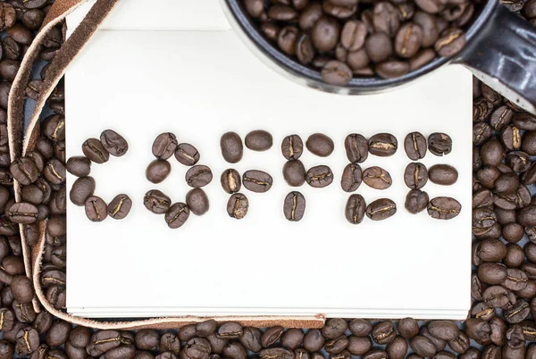 Book Words Coffee Made Roasted Coffee Beans Isolated Black Background — Stock Photo, Image