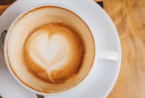 Close Latte Art Heart Shape Bottom Cup Hot Coffee — Stock Photo, Image