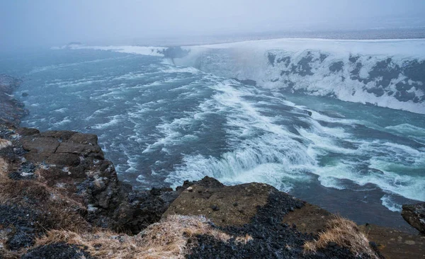 Dåligt Väder Gullfoss Islands Mest Kända Vattenfall Vintersäsongen — Stockfoto