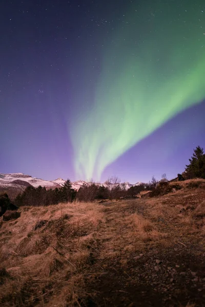 Aurora Boreal Noite Estrelada Islândia Tiro Vertical Focus — Fotografia de Stock