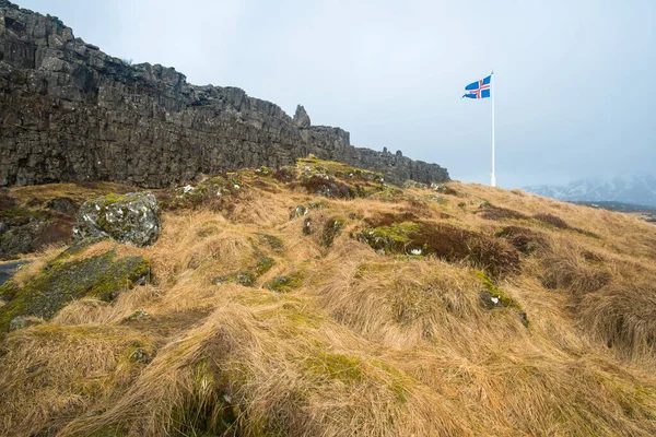 Bandeira Islândia Localizada Parlamento Mais Antigo Mundo Parque Nacional Thingvellir — Fotografia de Stock