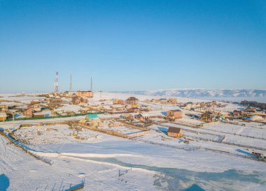 Aerial view of Khuzhir village a small village located on the eastern shore of the Olkhon Island, the largest island in Lake Baikal, Russia.