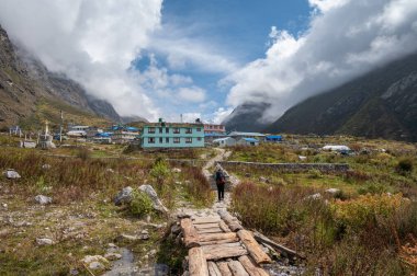 Porter, Nepal 'deki Langtang Ulusal Parkı' ndaki yeni Langtang köyüne yürüyor. 2015 depreminde tamamen yok olan ve sonra yeniden inşa edilen bu köy, bölgede direnç göstergesidir..