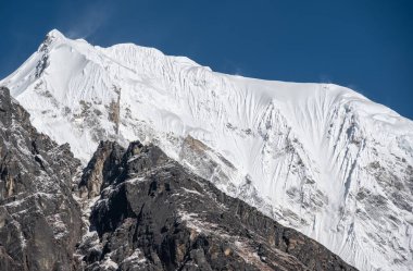 Nepal 'in Kyangjin Kharka köyünden manzara görüntüsü: Langtang Lirung Dağı (7.234 metre).