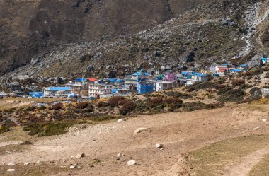Nepal 'deki Langtang Vadisi' nin sonundaki Kyanjin Gompa manzarası. Çok güzel bir kasabadır. Her yönden inanılmaz kar tepeleri vardır..