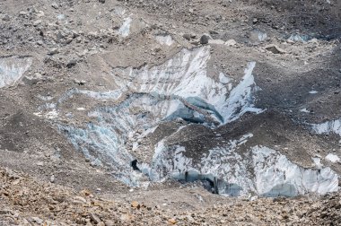 Khumbu buzulu, neredeyse Everest ana kampı, moraine kayalarıyla kaplı. Burası Everest Ana Kampı 'na giden yolun son bölümü. Dünyanın en yüksek buzulu..