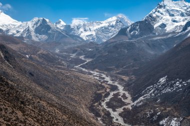Nepal 'in Sagarmatha milli parkındaki Imja Vadisi' nin güzel manzarası. Bu vadi Nuptse, Lhotse ve Everest dağlarının hemen aşağısında yer almaktadır..