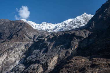 Langtang Lirung Dağı manzarası (7,234 m) Nepal 'in Langtang köyünden görüldü. Langtang Lirung, Langtang Himal 'in en yüksek doruğudur..