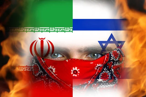 Defocus Israël Iran Nationale Vlaggen Protestman Mannelijke Ogen Het Gezicht — Stockfoto