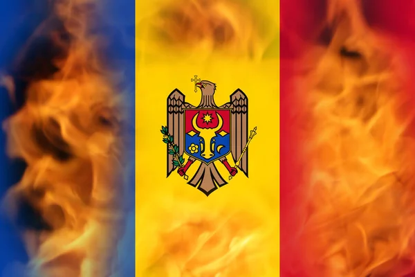 Desocupe Protesta Moldavia Bandera Moldavia Pintada Sobre Fondo Llama Fuego —  Fotos de Stock