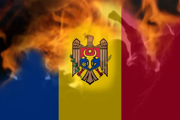 Дефоктивний Протест Молдові Прапор Молдови Намальований Вогняному Тлі Сила Сила — стокове фото