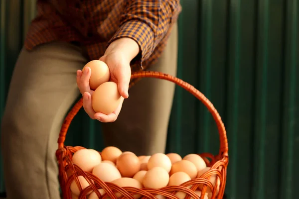 Muitos Ovos Cesto Jovem Agricultora Segurando Dois Ovos Orgânicos Marrons — Fotografia de Stock